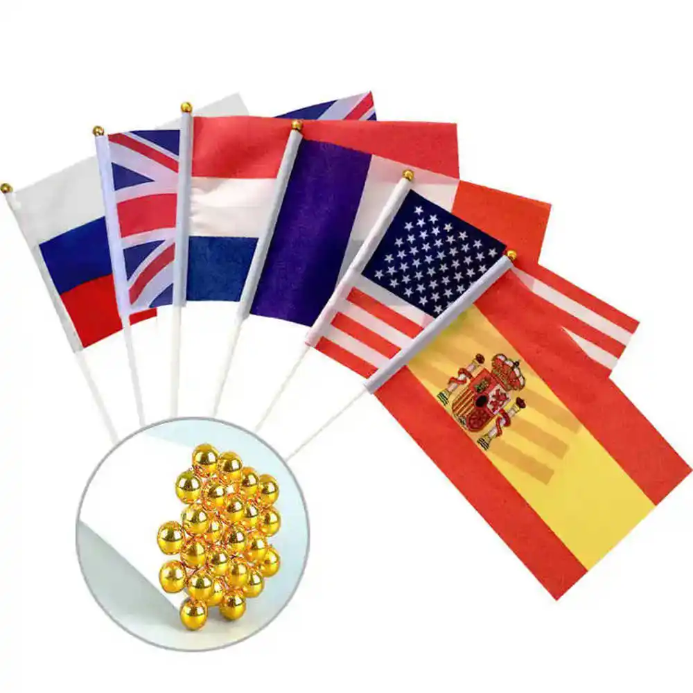 Hand Waving Flags US UK EU France Spain Russia Israel Pirate Rainbow 14x21cm Mini Plastic Flagpoles For Decoration Parades Sport