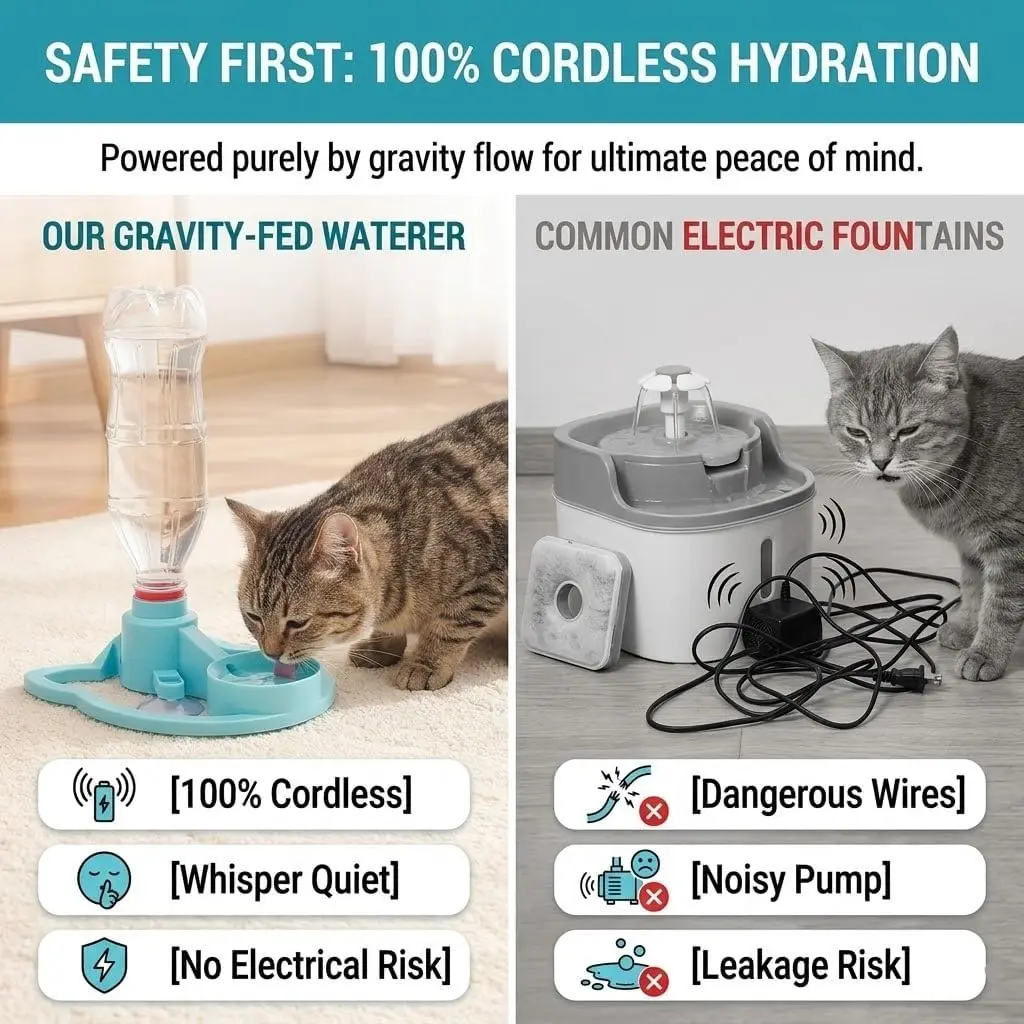 Gravity Cat Water Dispenser, Spill-Proof Pet Water Bowl Base 3 Suction Cups,Filter-Free, Waterer Attachment for Standard Bottles