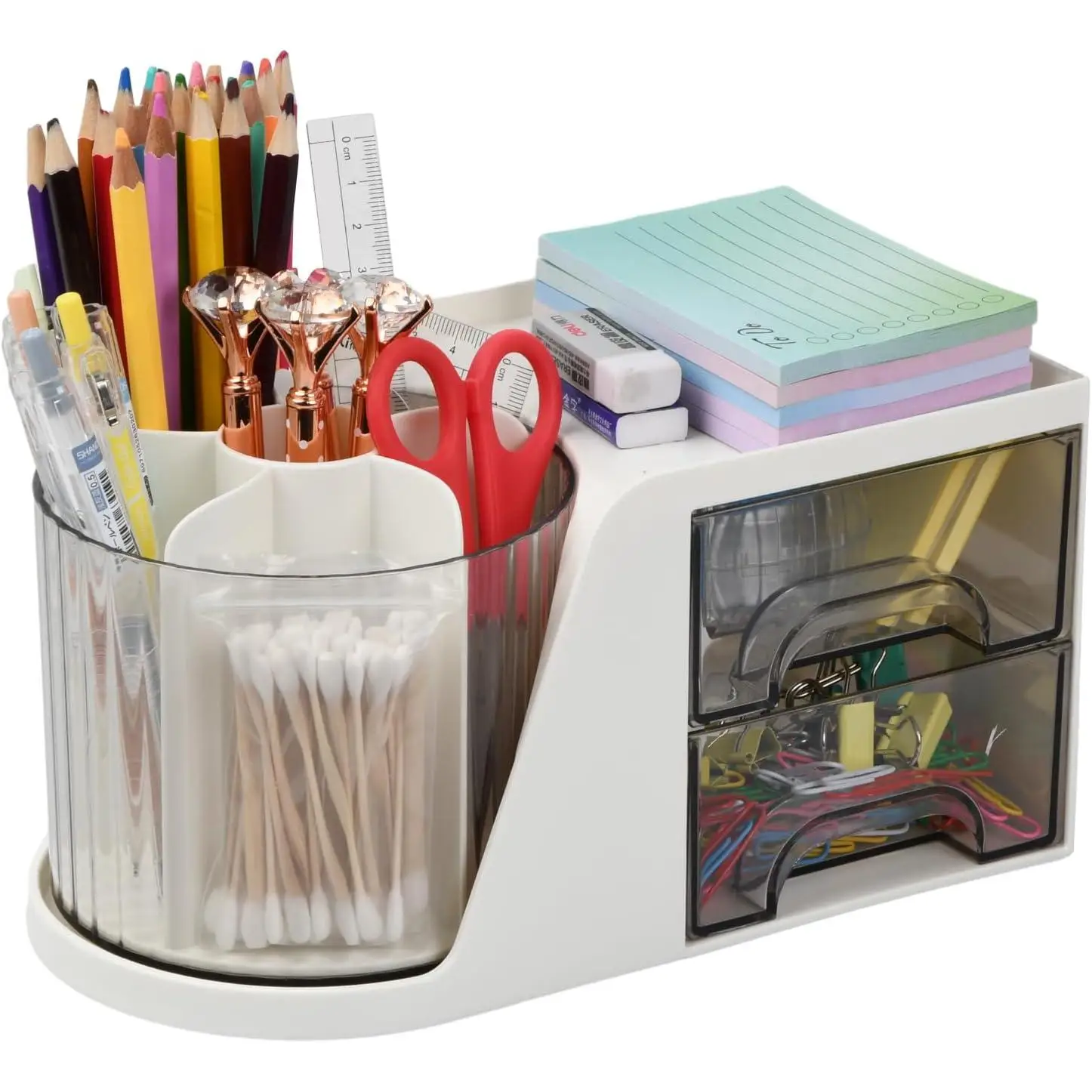 Organizador de Escritorio con Portalápices Giratorio, Organizador de Lápices con 6 Compartimentos y 2 Cajones, Organizador de Escritorio Giratorio de Gran Capacidad para Oficina, Escuela, Hogar