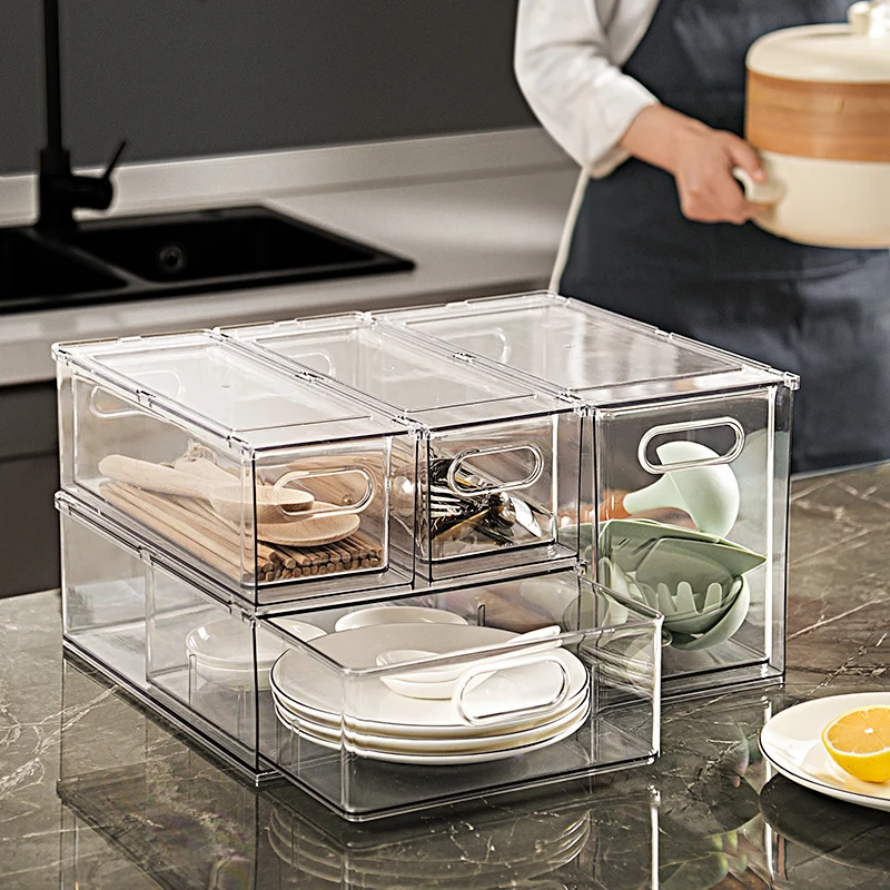 Kitchen Pantry Stackable Food Organizer with Handles Transparent PET Divider Refrigerator Drawer Storage Box