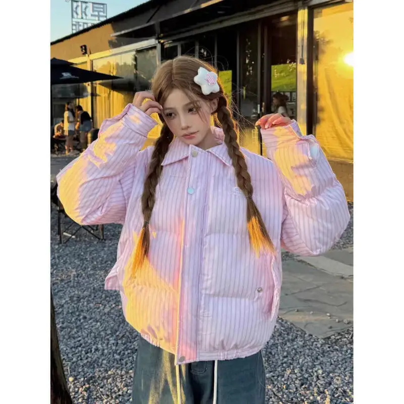 سترة نسائية شتوية مبطنة بالقطن بخطوط عمودية وردية النسخة الكورية للفتيات الطالبات سترة منتفخة دافئة معطف علوي #1