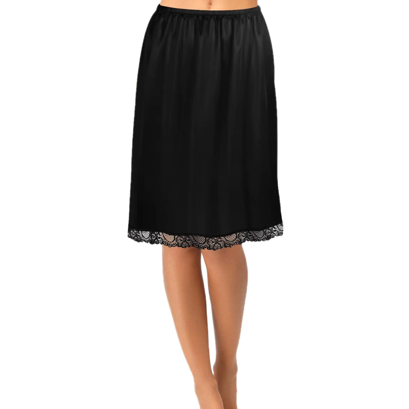 

Women Half Slips Underskirt Elastic High Waist Solid Color Satin Long Underskirt Lace Hem Skirt Extender
