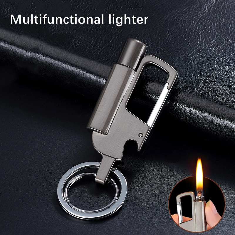 Metal Kerosene Lighter Retro Grinding Wheel Waterproof Lighter Keychain Bottle Opener Outdoor Windproof Lighter Men\'s Gift