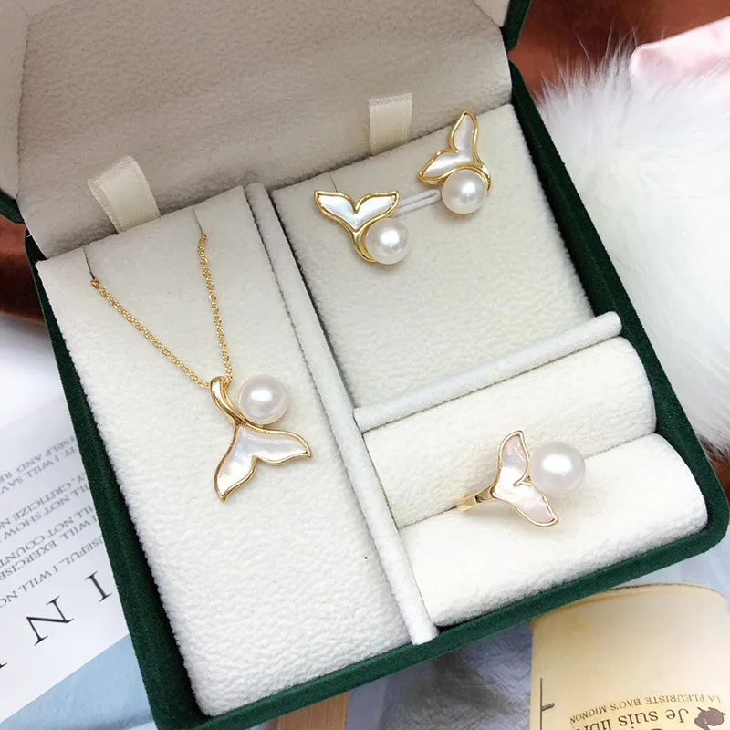 

Ожерелье с пресноводным жемчугом, рыбий хвост, комплект из трех предметов, серьги-подвески, кольцо 7-8 мм, классические простые ювелирные изделия