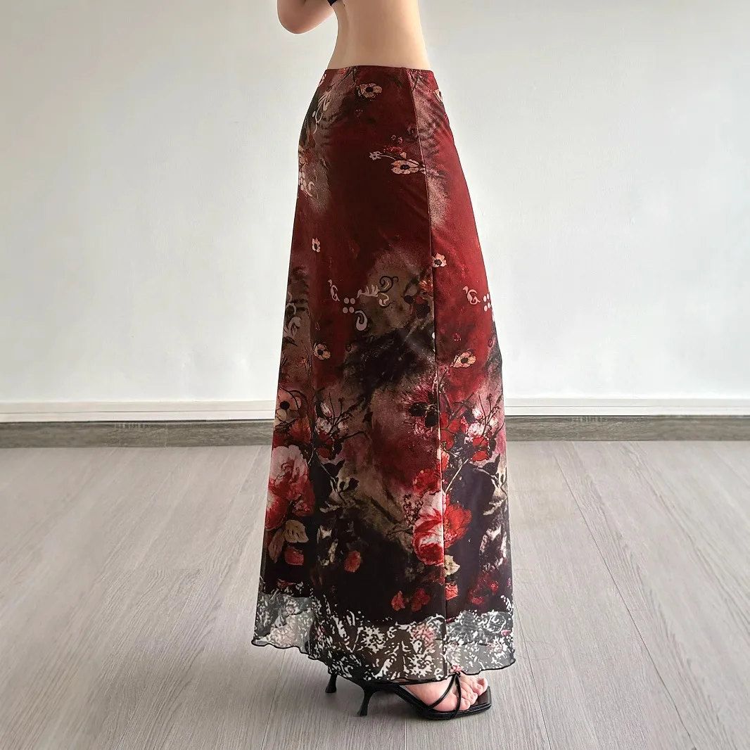 Gtpdpllt Vintage Red Print Mesh Long Skirt Women Temperament Low Waist Slim Fit Skirts Y2k Aesthetic Gothic Versatile Skirts