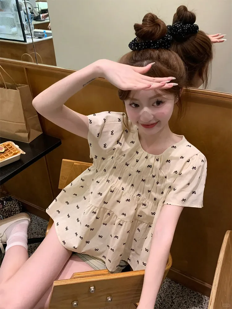 Korean Swet Spring Aummer All Match O Neck Short Sleeve T Shirts Fashion Bow Appliques Casual Streetwear Top Pleated Loose Tees