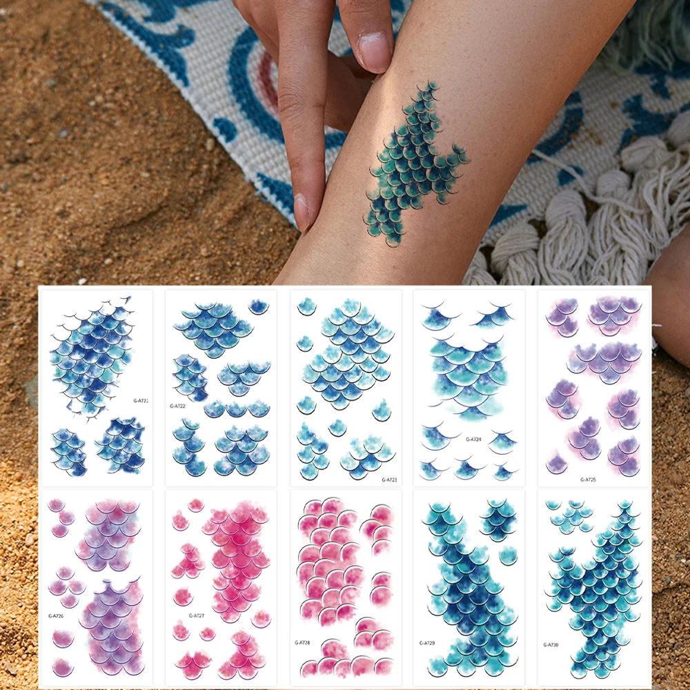 10PCS Waterproof Temporary Tattoos for Women Mermaid Fish Scale Tattoo Sticker Realistic  Performance Fake Tattoo Body Art