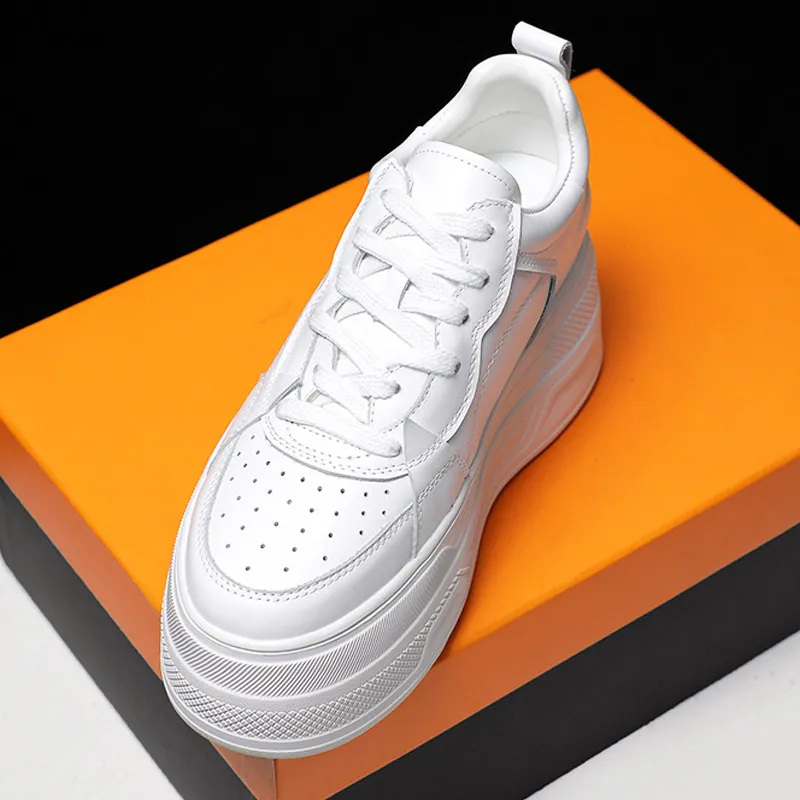 White Chunky Platform Sneakers Women Lace-Up Hidden Heel Casual Shoes Genuine Leather Thick Sole Elevator Shoes