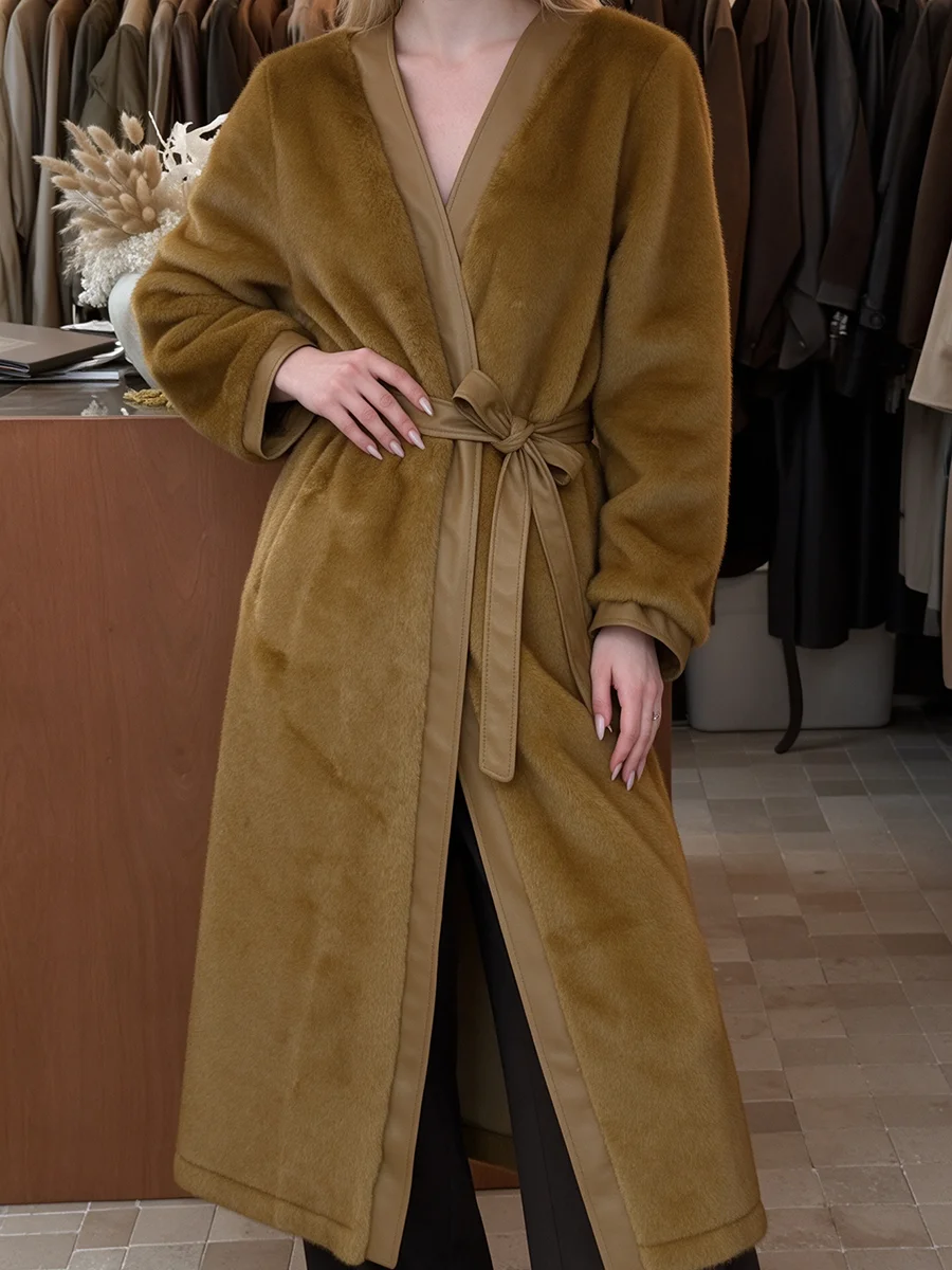 Women V-Neck Faux Mink Fur Long Coat With Belt Brown Luxury Warm Winter Overcoat Spliced Leather Trim Outerwear