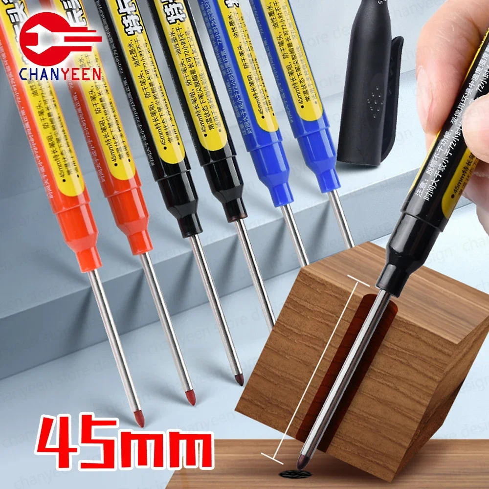 45mm Longer Deep Hole Marker Pens Black/Blue/Red Long Nib Head Carpenter Pen for Measuring Woodworking Hand Tools