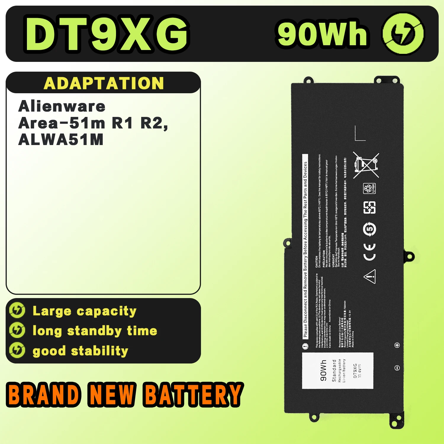 SAT DT9XG New Laptop Batteries Replacement For DELL Alienware Area-51m R1 R2,ALWA51M 11.4V-90Wh-7894mAh