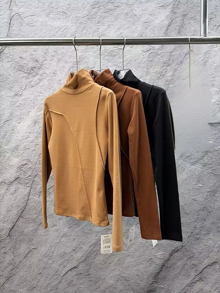 High Neck Thermal Fleece Fabric Long Sleeve Top Topstitch Detail T-shirt Women Warm Tops Autumn Winter Base Layer Slim Tops