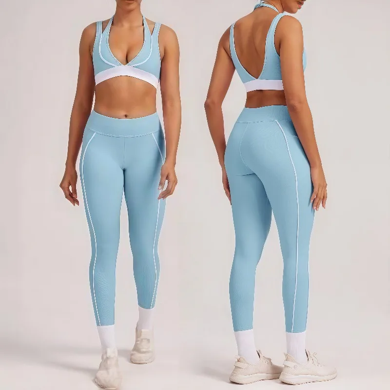 

New Women's Yoga 2-piece Fake Two-Piece Color-Block White Stripe Running Fitness Shorts V-Neck Halter Sports Bra Yoga Outfit Set