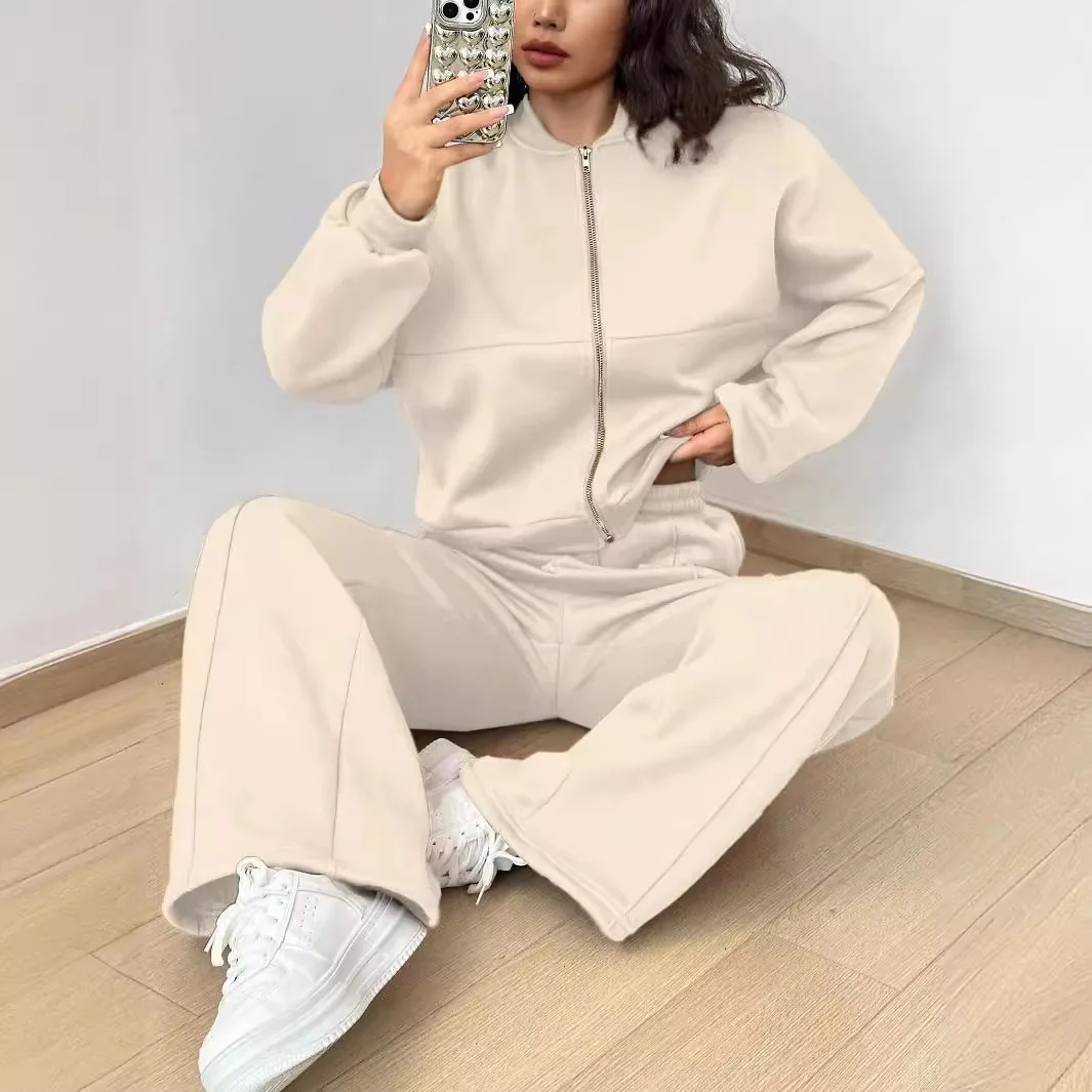 Grey Bomber Jacket Pant Women 2 Pieces Set Casual Long Sleeve Zipper Coat Casual Solid Sweatshirt Trousers Suit Fall Sportwear