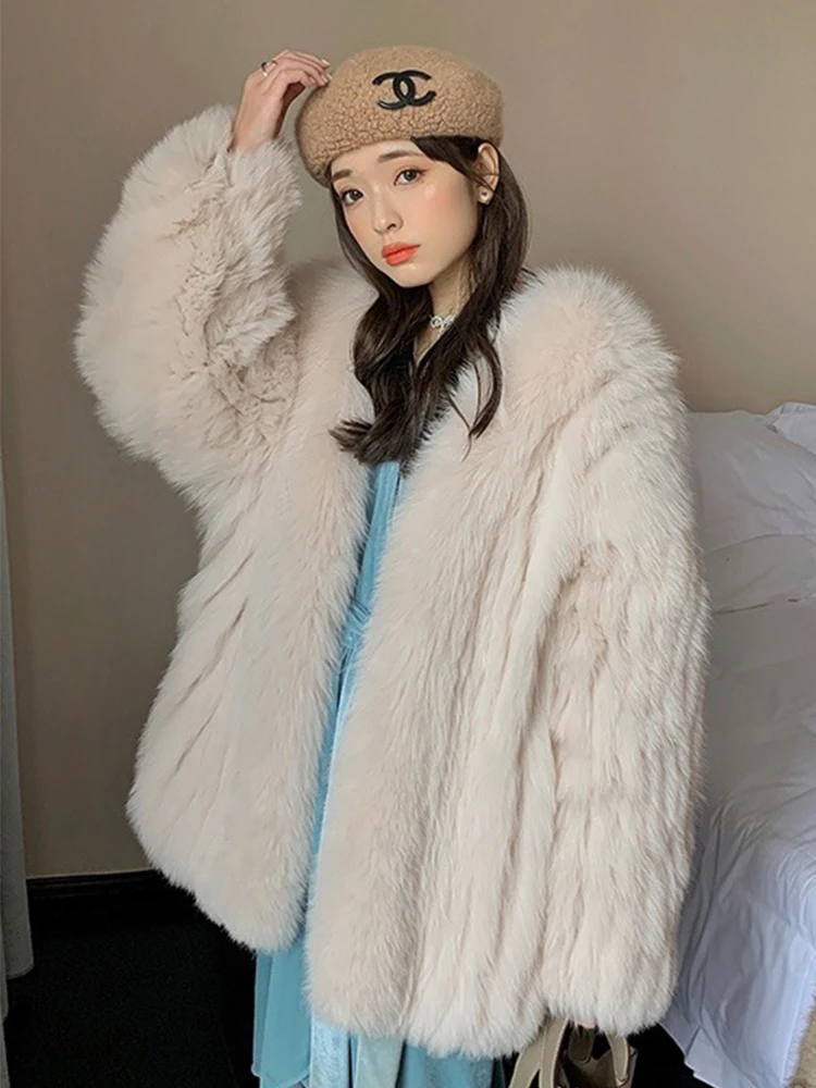 Women Winter Thick Warm Fluffy Real Fox Fur Long Oversize Loose Winter Real Fox Fur Overcoat 75cm Length