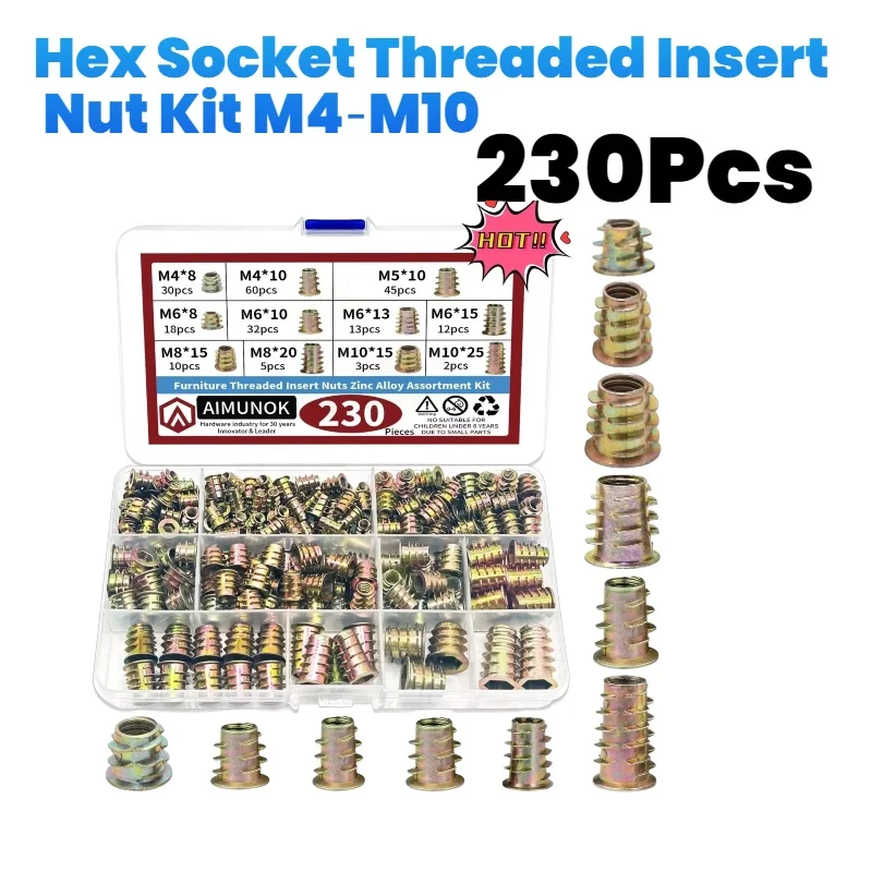 230Pcs Threaded Insert Nut Kit M4 M5 M6 M8 M10 Hex Socket E‑nut Carbon Steel for Wood Furniture Cabinet Bed Table Woodworking