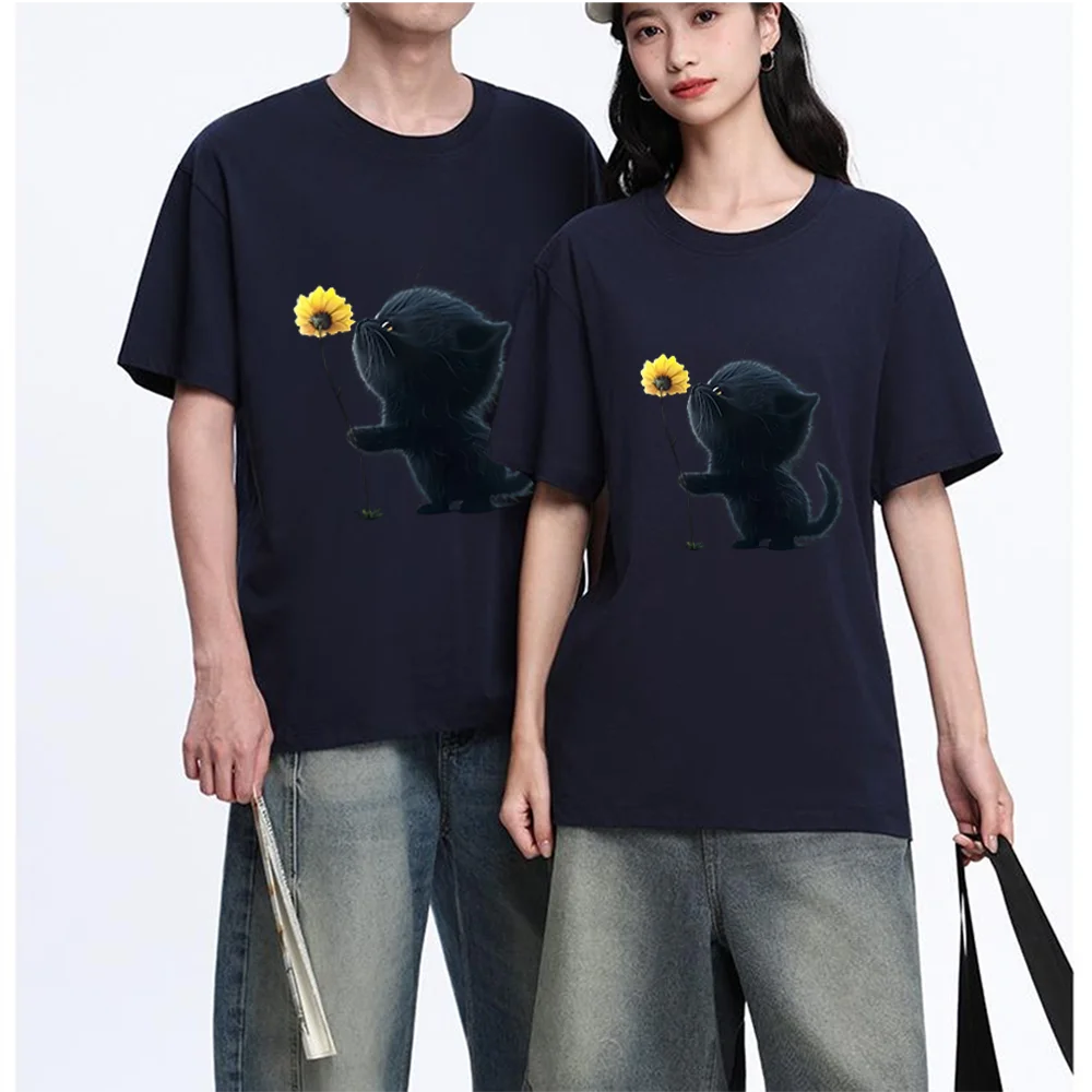 Black Cat With Yellow Flower Printed T Shirt Breathable Fabric S-XXL Personalized Custom Casual Short Sleeve Tee Aesthetic Graph