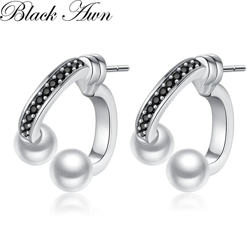 Black Awn Classic Silver Color Round Black Trendy Spinel Engagement Hoop Earrings for Women Jewelry Bijoux I312