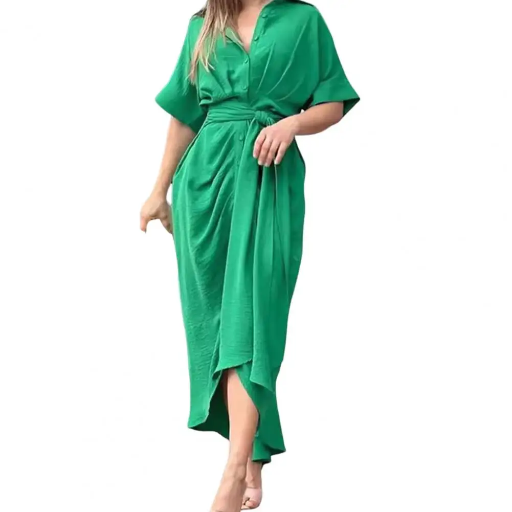 Robe plissée à lacets avec col rabattu pour femme, robe chemise à revers, garde-robe d'été