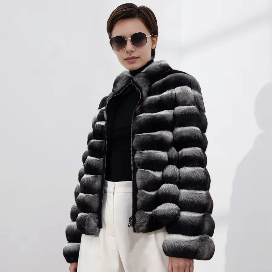 

Chinchilla Rex Rabbit Fur Coat Women Real Rex Rabbit Fur Jackets With Stand Collar New Arrivals Womens Clothing