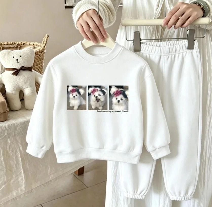 Kid Cute Pet Portrait Tracksuit Set Children Daily Costume Kid Long Sleeve Sweatshirt Top With Cuffed Jogger Bottoms Two Pieces