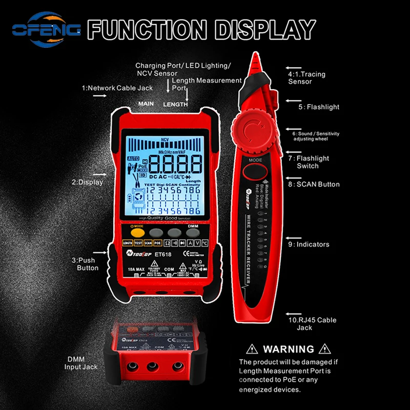 Imagem -03 - Rede Cabo Tester com Display Lcd Pesquisa Digital Teste Poe o Emparelhamento Comprimento Wiremap Tester Personalizado Et616 Et618