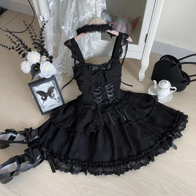 Y2k Japanese Sweet Lolita Jsk Dress Women Elegant Ruffles Lace Bandage Princess Strap Dresses Girls Kawaii Tea Party Mini Dress image 3