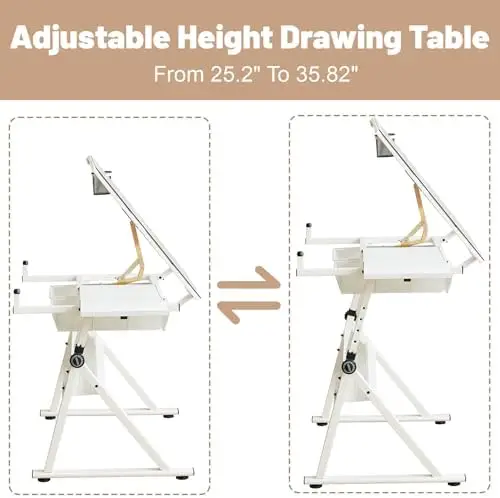 White Drafting Table with Stool Height Adjustable Art Craft Desk with Storage, Tilting Tempered Glass Tabletop view 5