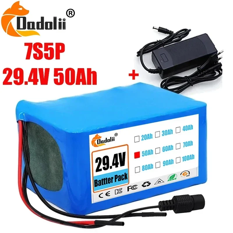 7S5P 18650 Lithium Battery Pack 24V 50Ah 15A BMS 500W 29.4V 50000mAh for Wheelchair Electric Vehicle Plus 2A Charger