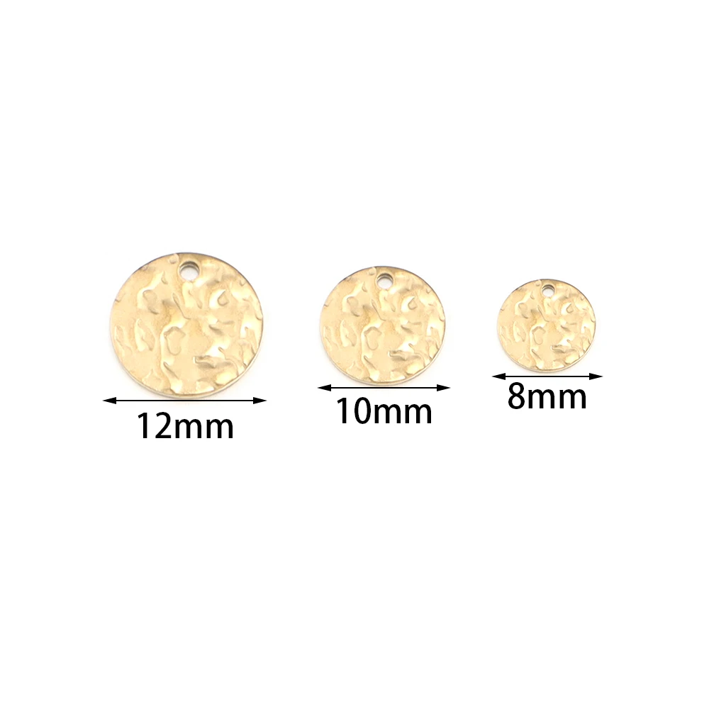 Aço Inoxidável Rodada Pingente de Alívio para DIY Fazer Jóias, Suprimentos Encantos, Cor do Ouro, Brinco e Colar, 8mm, 10mm, 12mm, 10 Pçs/lote