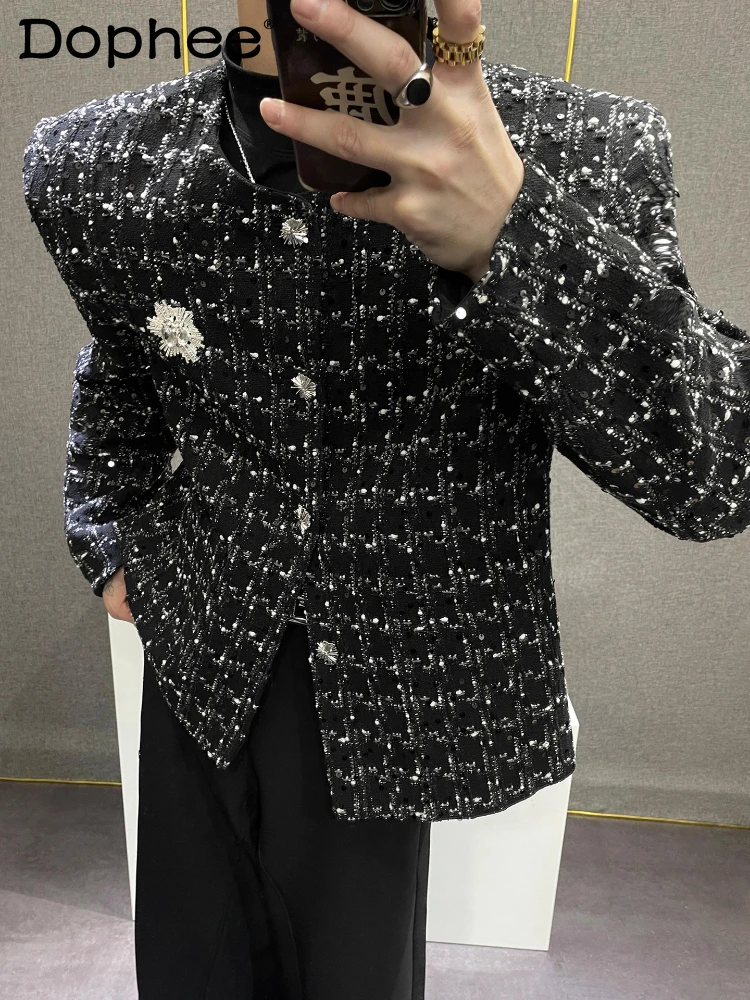 

Мужские зимние новые высококачественные куртки с круглым вырезом и мягкими плечами, украшенные пуговицами, маленькие ароматные пальто, твидовые куртки с пайетками