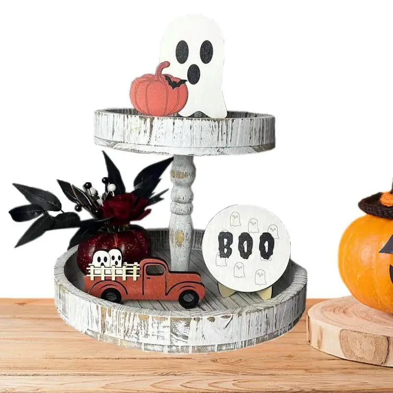 Halloween Tiered Tray Decorations Set Wooden Ghost Sign Rustic Tiered Tray Decoration Items Tabletop Display For Home Kitchen