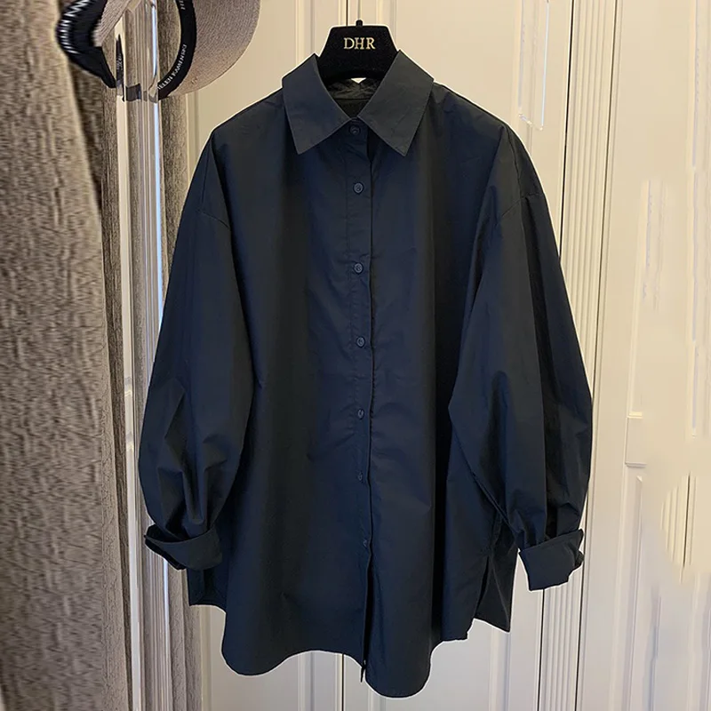 

Свободная черная женская рубашка в корейском стиле, весенне-осенняя, повседневная, на пуговицах, с длинным рукавом, с воротником, модная, для офиса