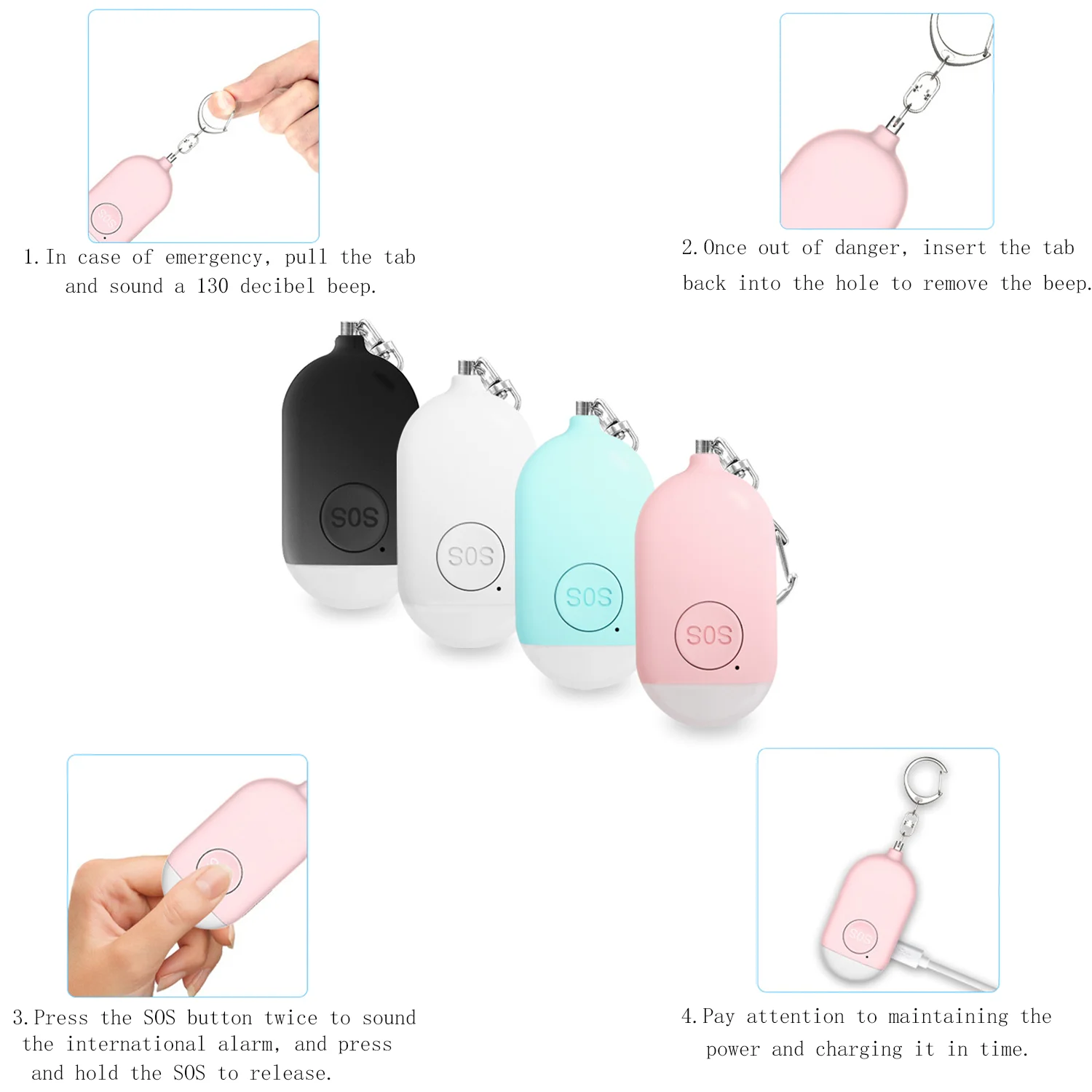 Personal SOS Defense Alarm 130dB With LED Light Rechargeable Self Defense Woman Safety Alarm Key Chain Emergency Anti-Attack