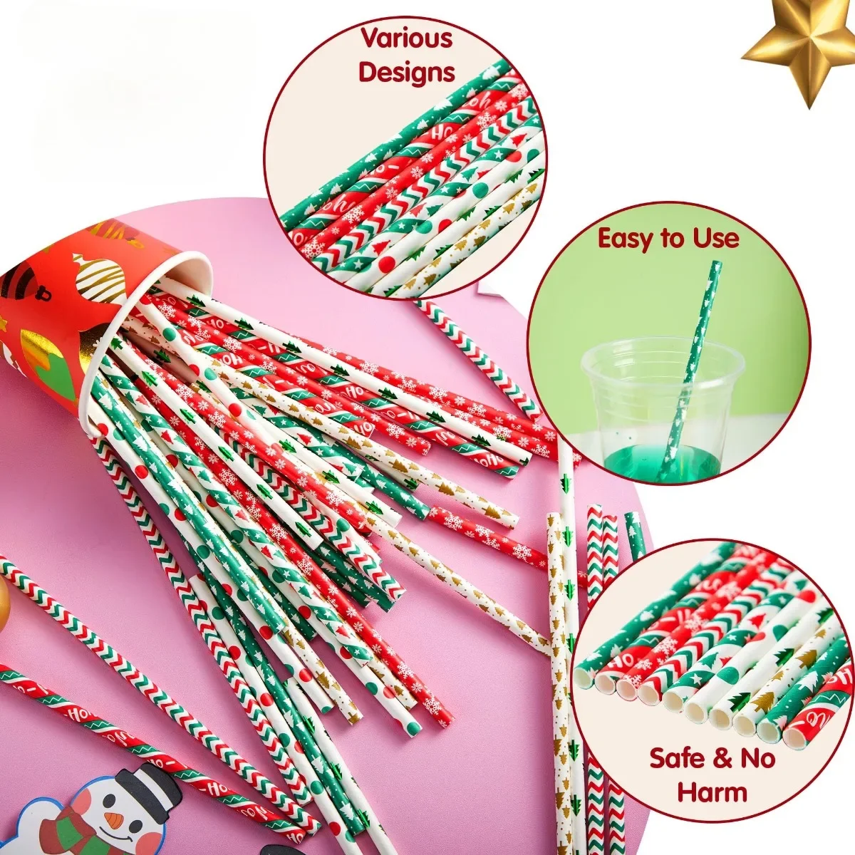 Christmas Paper Straws Red Green White Gold Party Drinking Straw with Stripe Wave Christmas Tree Snowflake Design Decor Supplies