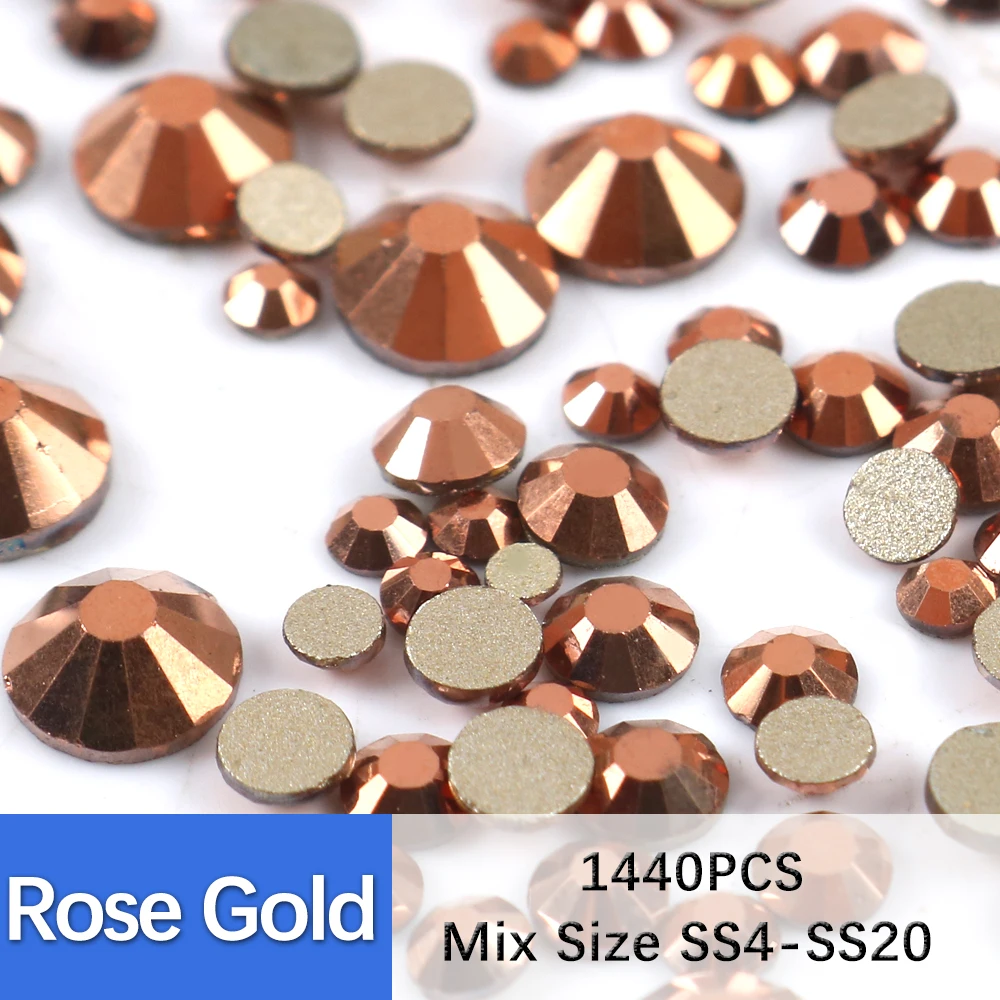 SS4-SS20 1400Pcs Mix Size Crystal Gold FlatBack Rhinestones Decorations Nails Gems Jewels Rhinestone 3D Nail Art Stone