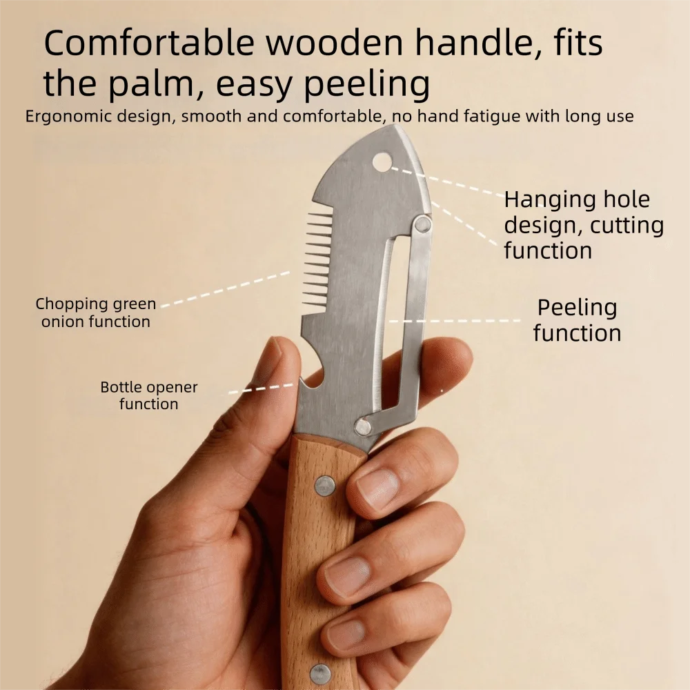 2 Piece Fish Head Shape 3 in 1 Vegetable Peeler Non-slip Stainless Steel Bottle Opener Ergonomic Wood Handle Scallion Slicer
