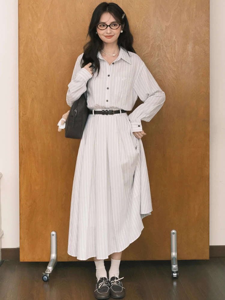 

ALXNAN Women's Dress Striped Shirt Collar Long Sleeve A-line Skirt Elegant Formal Slimming 2025 New Autumn Long Dress L56796