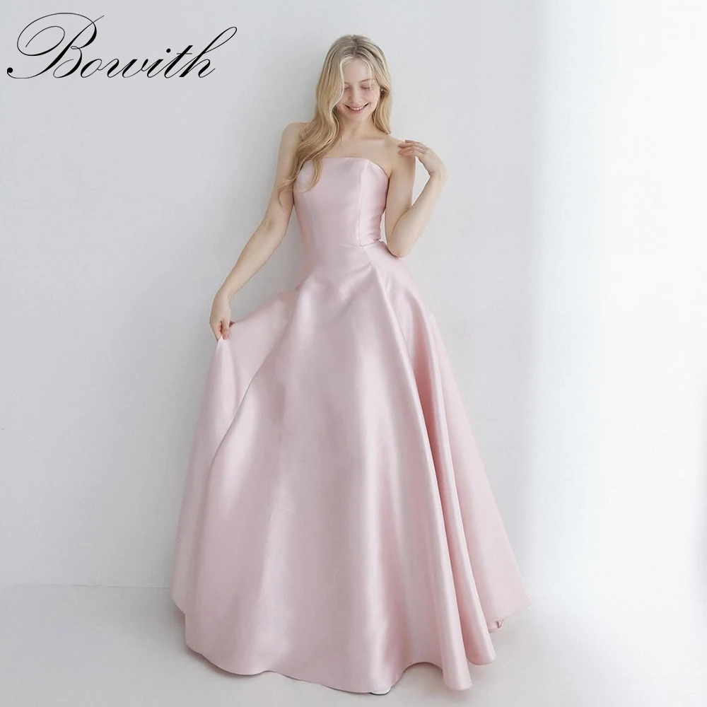 

Bowith Pink Satin Korean Wedding Dresses Customized A-line Simple Strapless Wedding Reception Dress Elegant Evening Dress