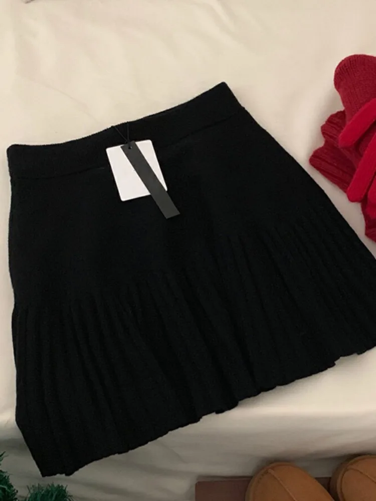 

ay Korean Sle High Waist Knitted A-Line Skirt Women's Spring Autumn Casual Versatile Pleated f-length Skirt