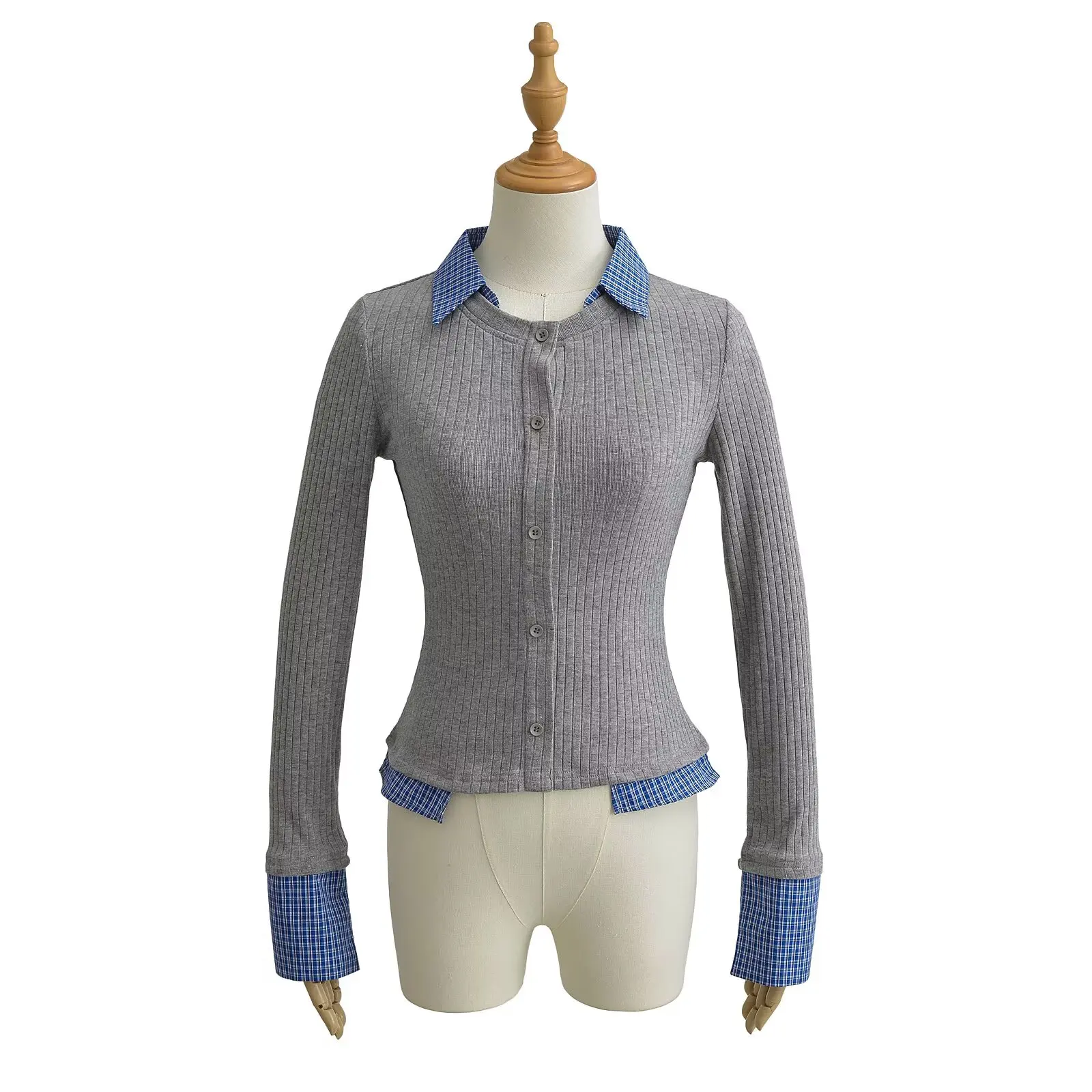 

Slim Fit Plaid Pasting Color Blo Трикотажная футболка irt Mo из двух предметов с длинным воротником Sve Футболка женская базовая одежда