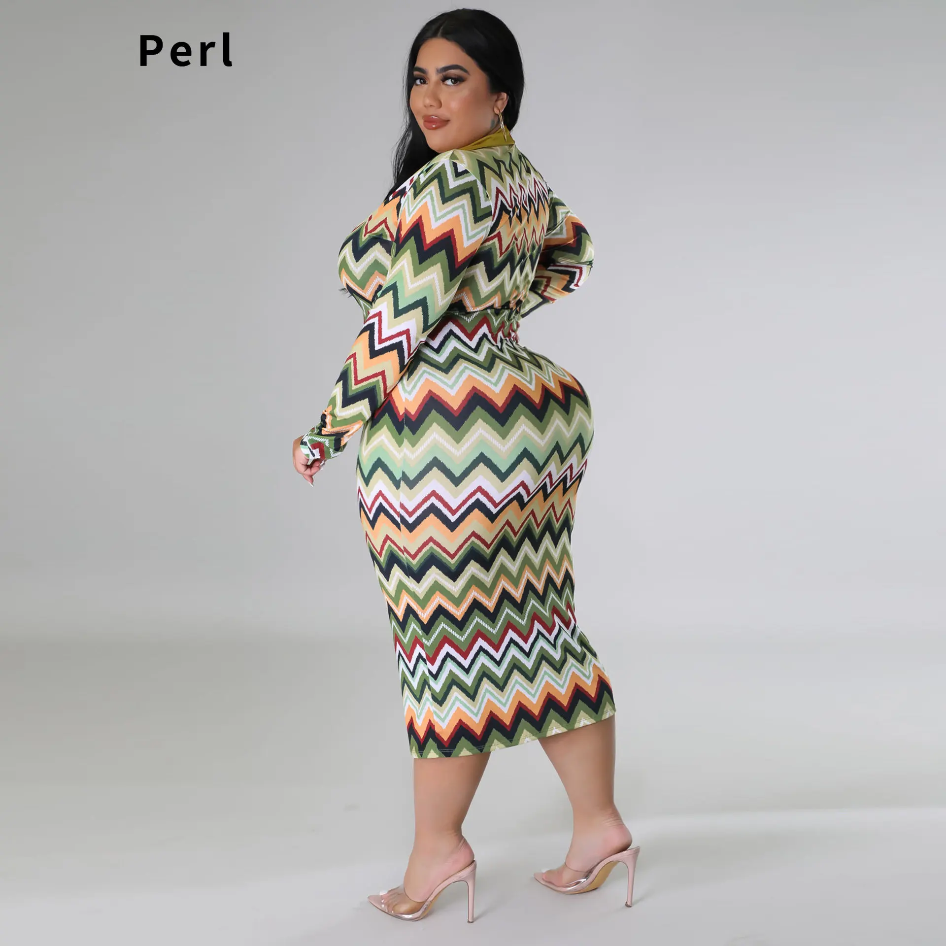 Perl Plus Size Wave Stripe Maxi Dress Turn Down Collar Full Sleeve Women Clothing Fashion Autumn Curved Outfit Street Wear 4xl