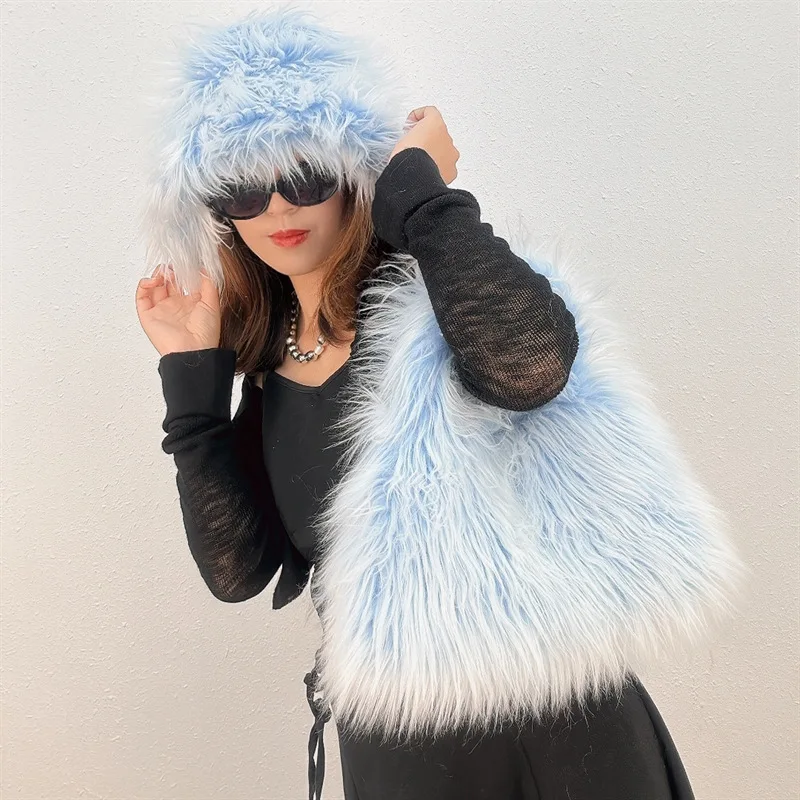 Women Winter Faux Fur Bucket Ha Outdoor Girls\' Fluffy Female Luxury Furry Fur Bag Fur Cap Hat Fashion Warm Sets