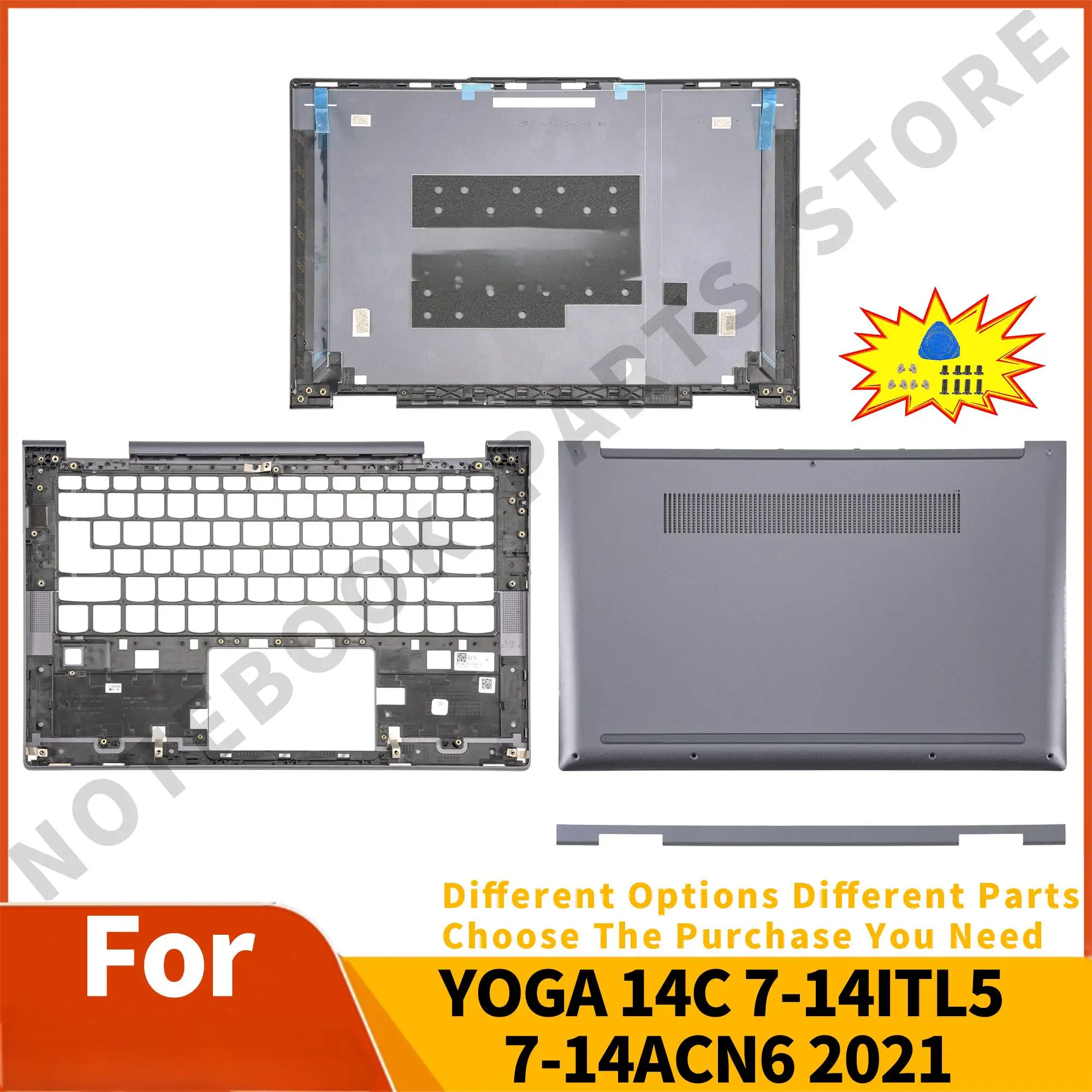 New LCD Back Cover For YOGA 14C 7-14ITL05 7-14ACN6 2021 Palmrest/Bottom Case hingecover Touchpad Rear Lid Replace Gray Metal