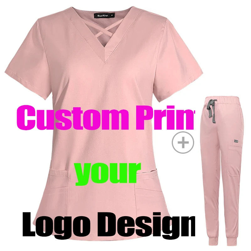 Custom Print Logos Workwear Beauty  Female Doctor Grooming Salon Nurse Pets Frosted Tops Pants Scrubs Uniform Thick  Medical Set