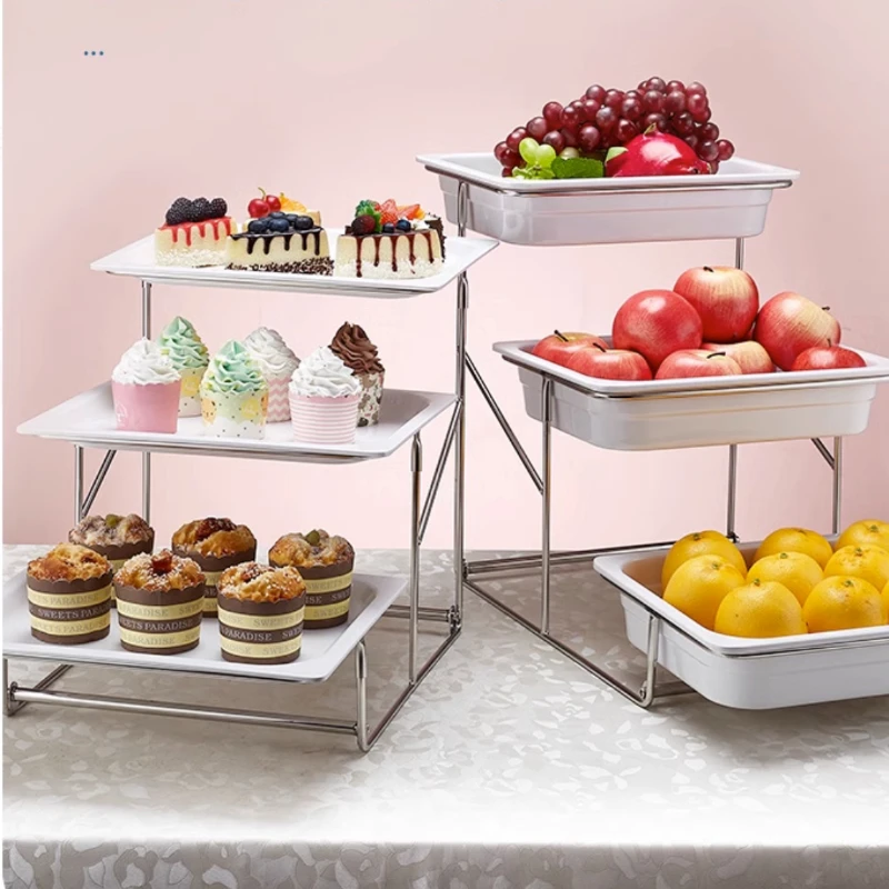 

Three Layer Steel Stainless Stand With Plates Buffet Food Breads Fruits Candy Sushi Cupcake Sandwich Doughnut Display Tray Rack