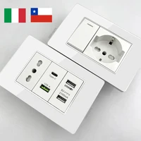 Vidrio templado blanco Italia USB tipo C enchufe de pared de carga rápida inteligente Panel de interruptor de luz Schuko Chile TV Sat ordenador CAT6