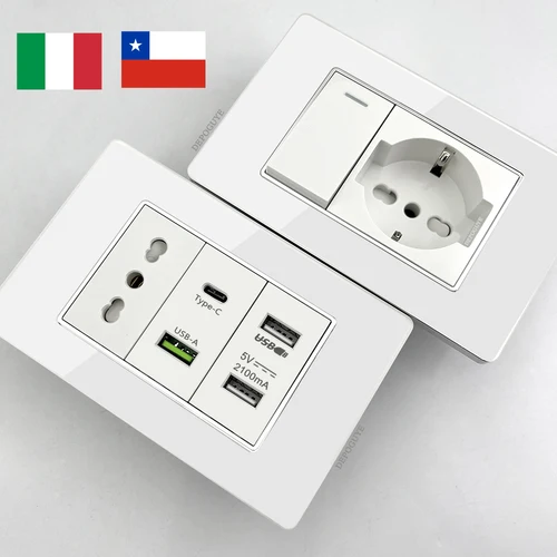 Vidrio templado blanco Italia USB tipo C enchufe de pared de carga rápida inteligente Panel de interruptor de luz Schuko Chile TV Sat ordenador CAT6