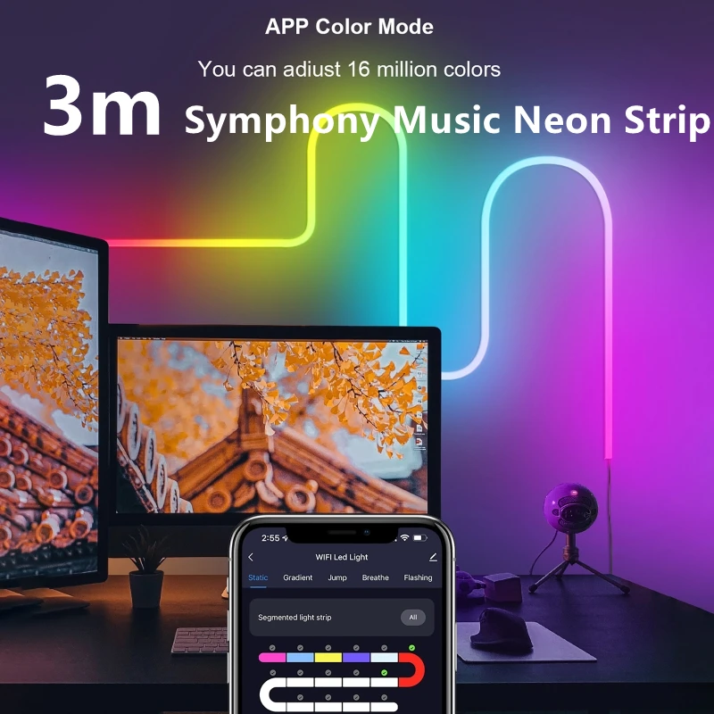 

3m Symphony WiFi Music Neon Light Strip Led Music Light Bar DIY Modeling 16 Million Colors USB Light Strip RGB Led Strip Lights