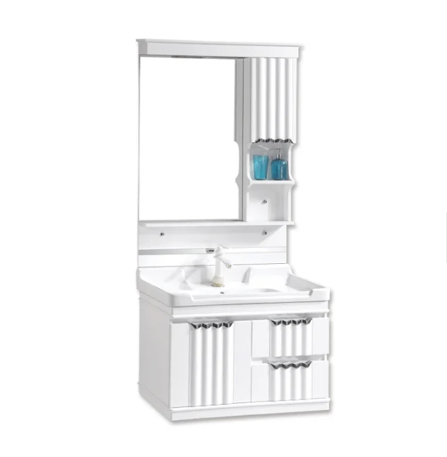 White wall mounted PVC bathroom cabinet with ceramic basin and mirror pvc bathroom cabinet led mirror cabinet